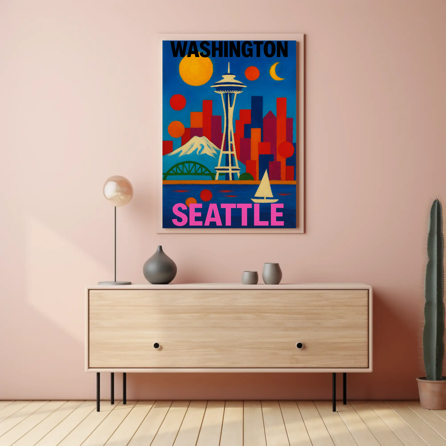 Washington Seattle Space Needle Mountains Sunset Vintage Travel Poster