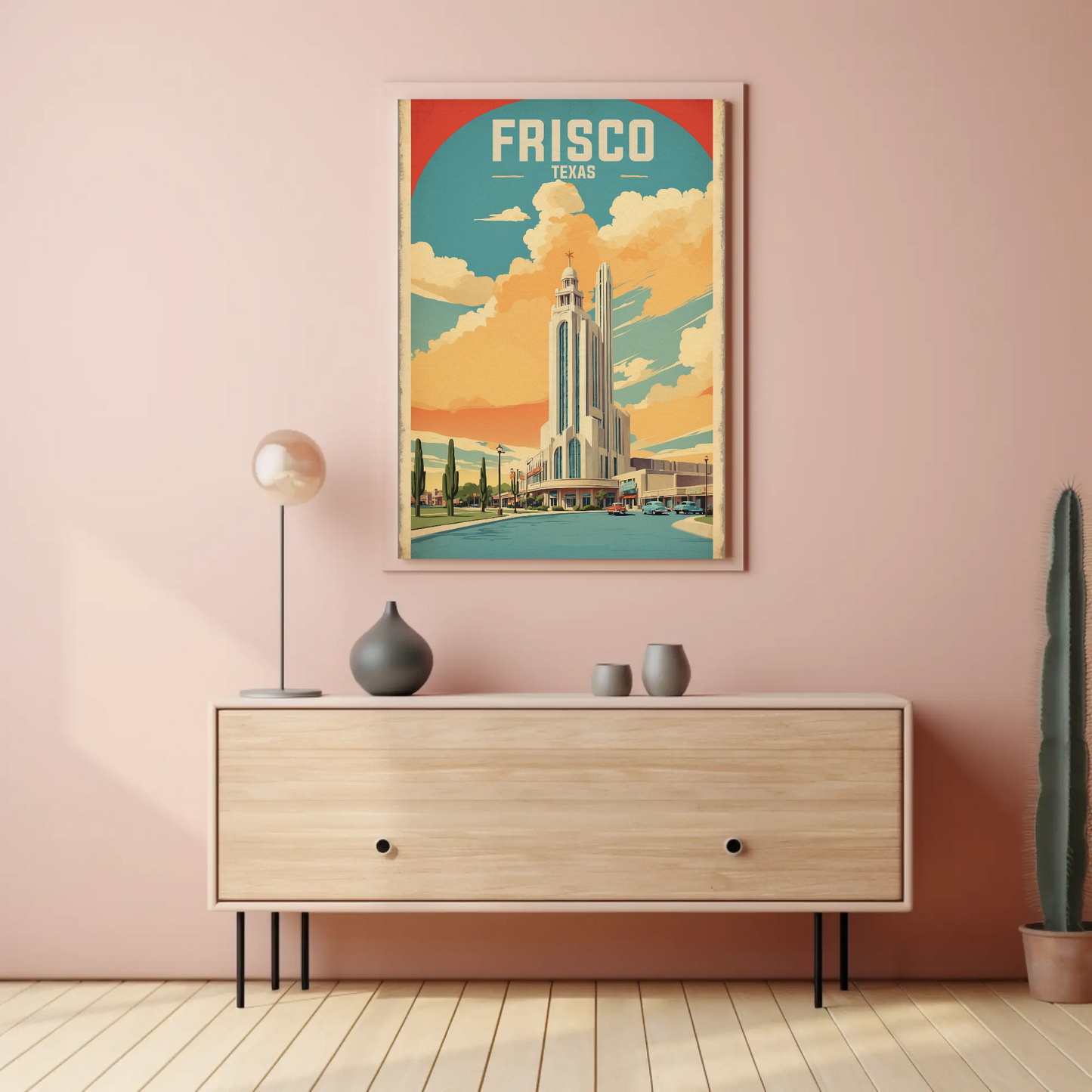 Frisco Texas Modern Tower Sunset Street Vintage Travel Poster