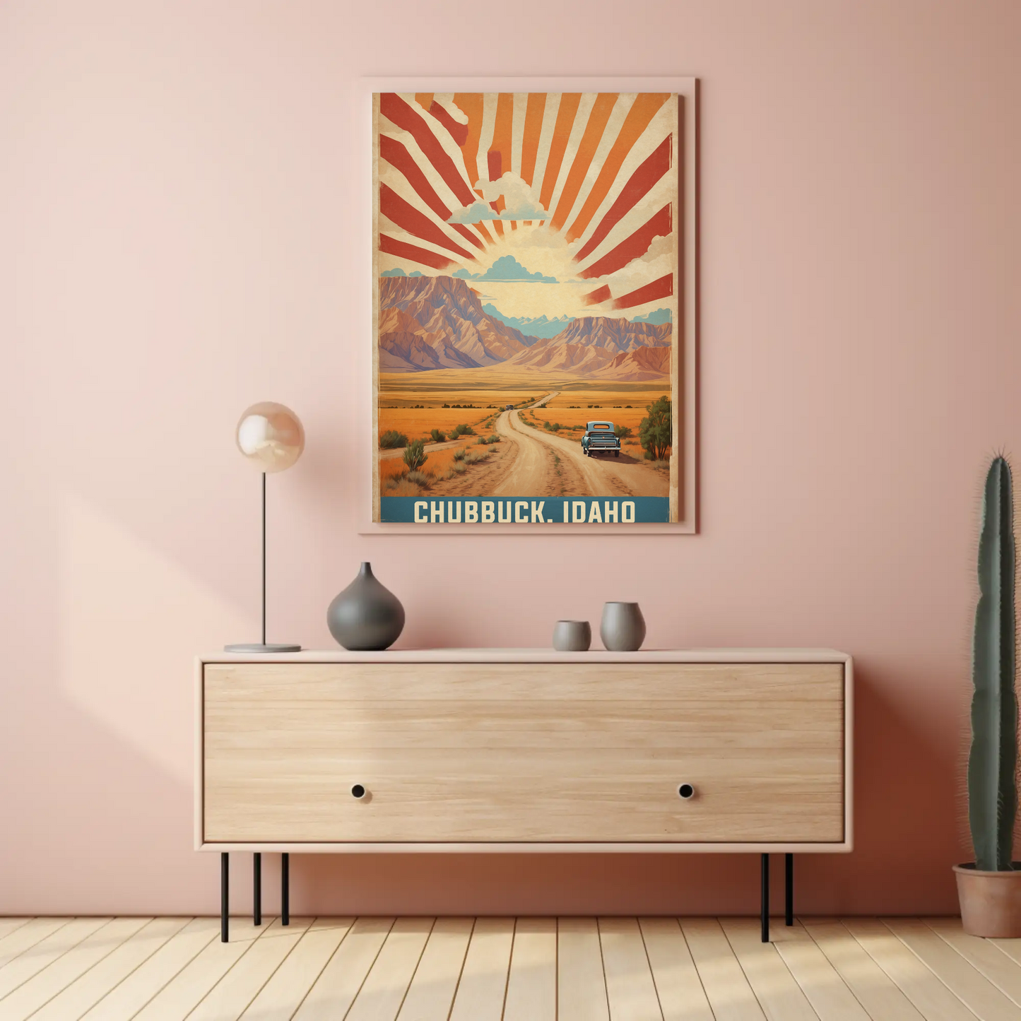 Chubbuck Idaho Sunset Road Desert Mountains Vintage Travel Poster