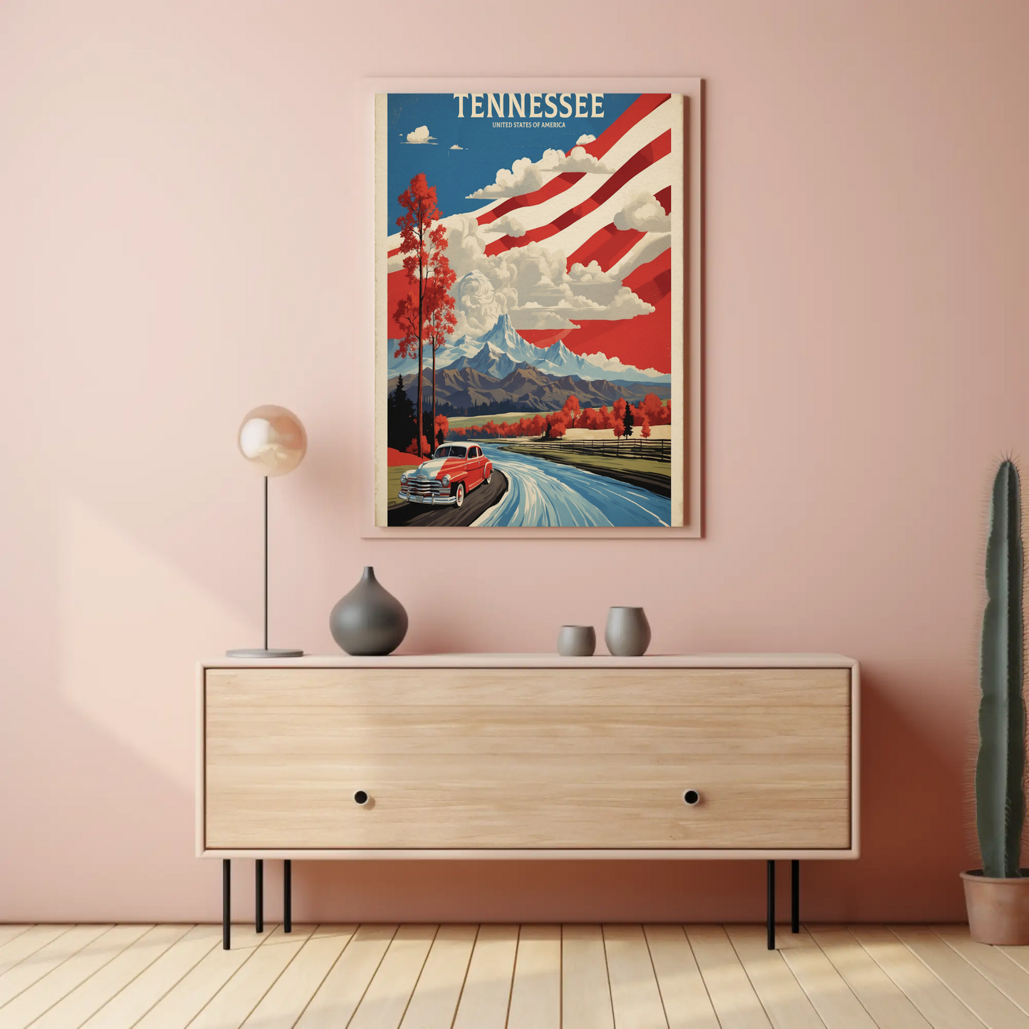 Tennessee Mountains Road Classic Car Vintage Travel Poster