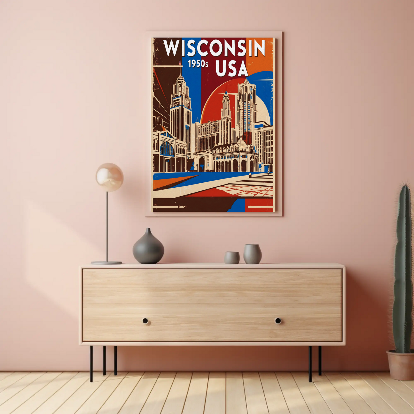 Wisconsin USA 1950s Urban Skyline Vintage Travel Poster