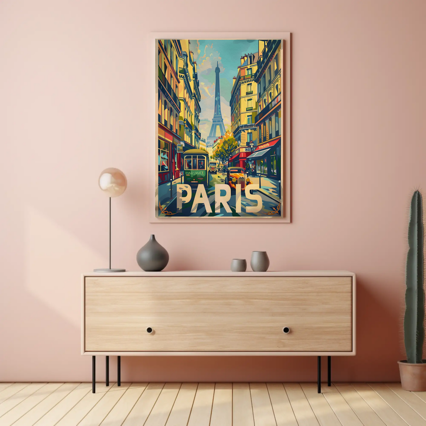 Vibrant Parisian Street Eiffel View Vintage Travel Poster