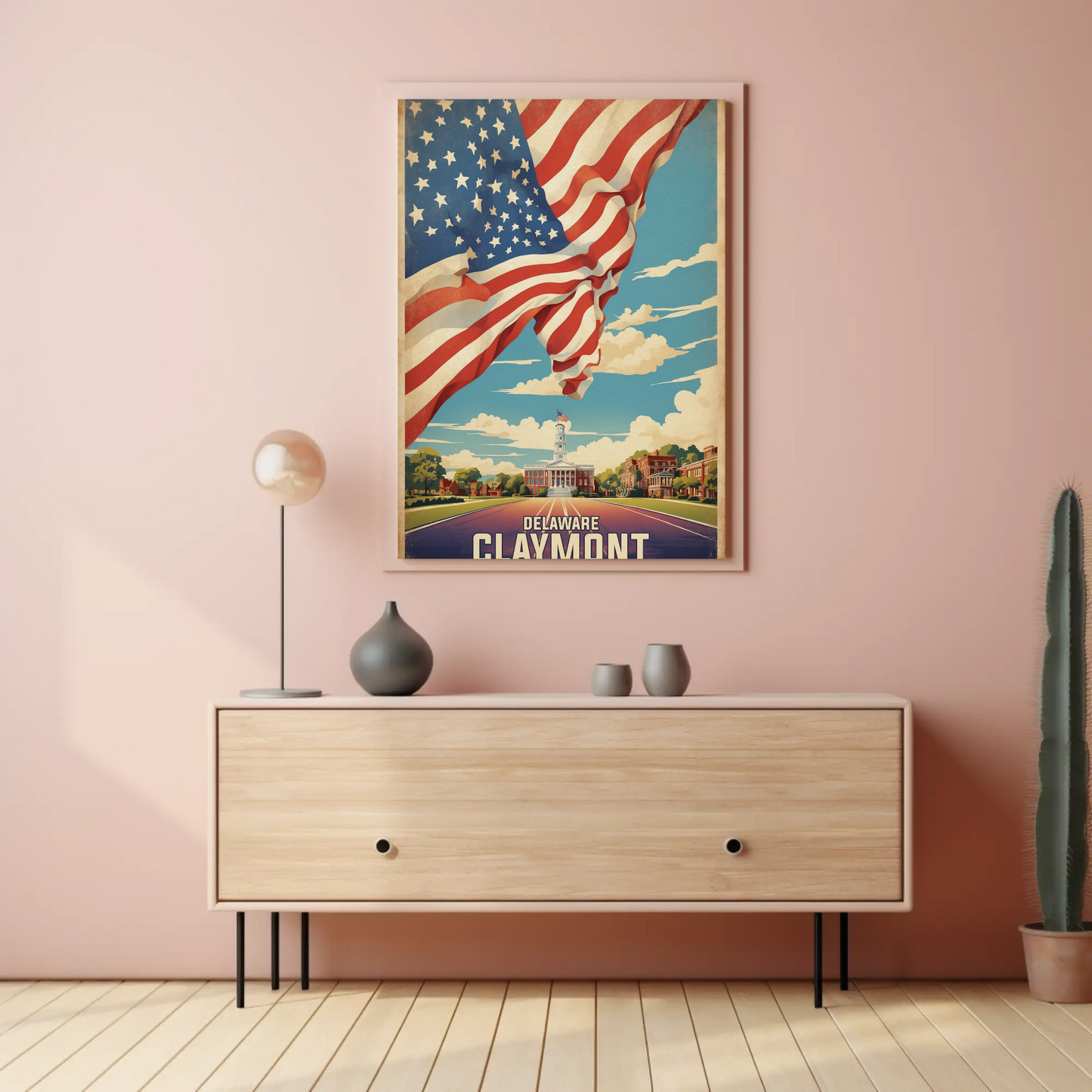 Claymont Delaware Flag Historic Town Hall Vintage Travel Poster