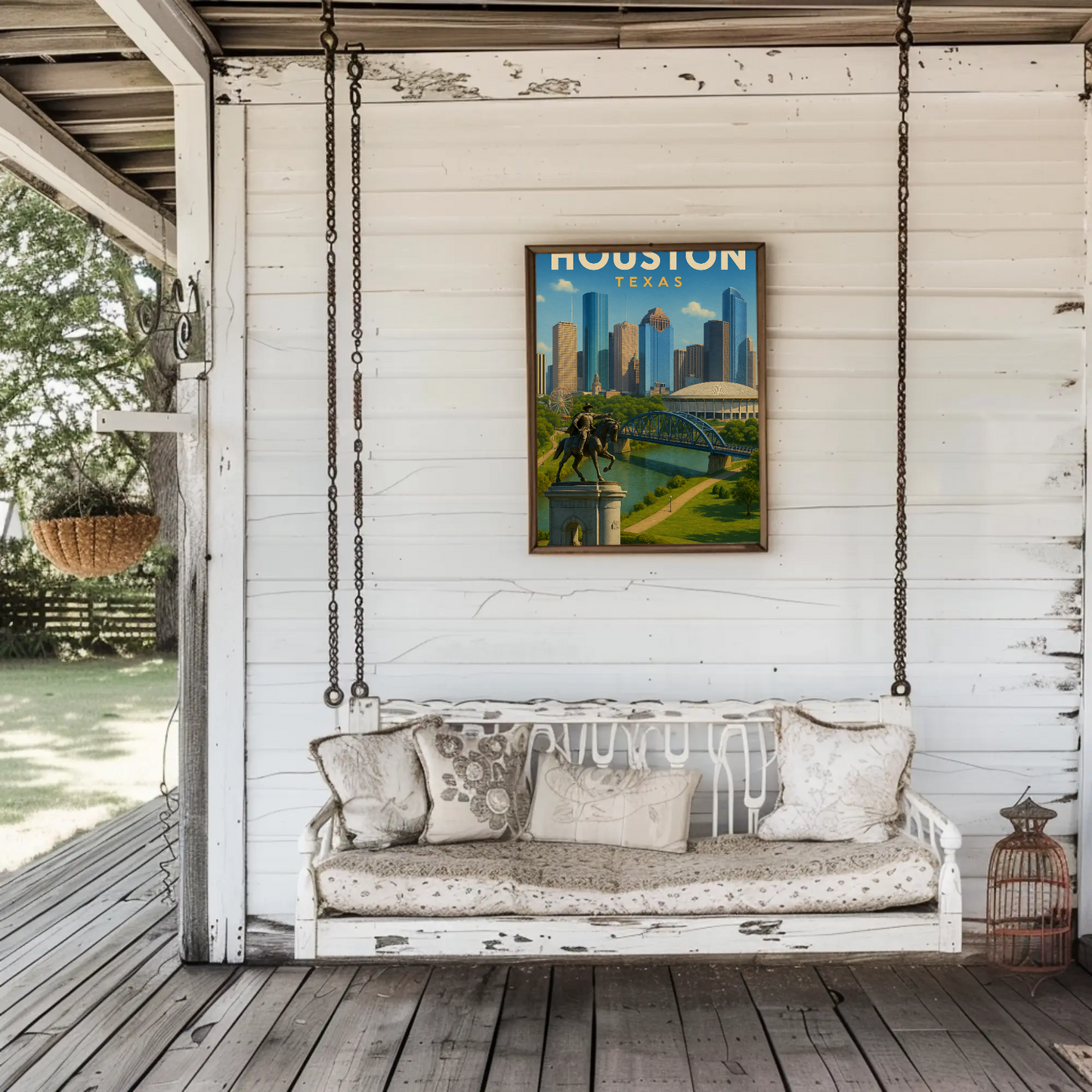 Houston Texas Skyline River Monument Vintage Travel Poster