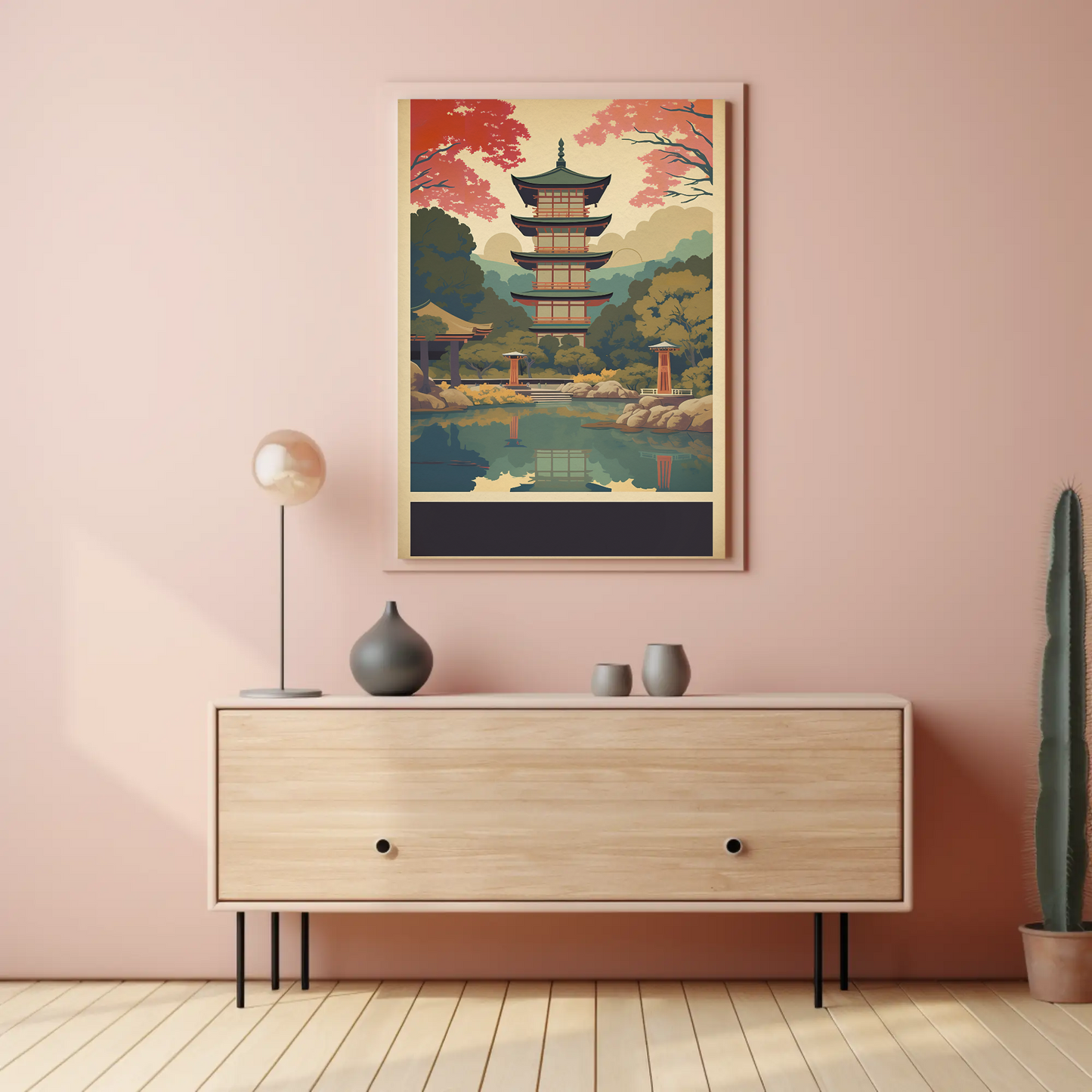 Japan Reflection Pagoda Lake Autumn Vintage Travel Poster