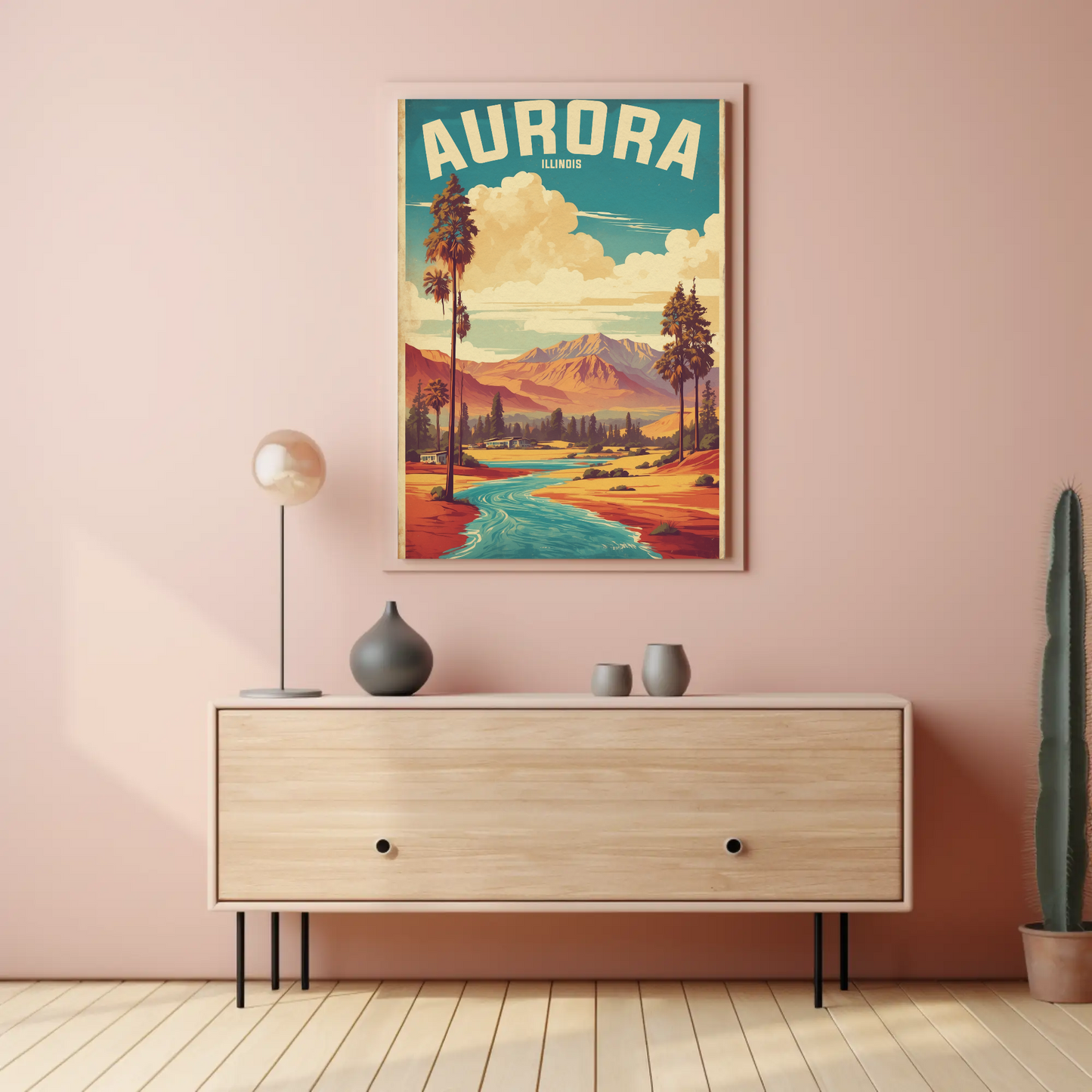 Aurora Illinois River Horizon Vintage Travel Poster