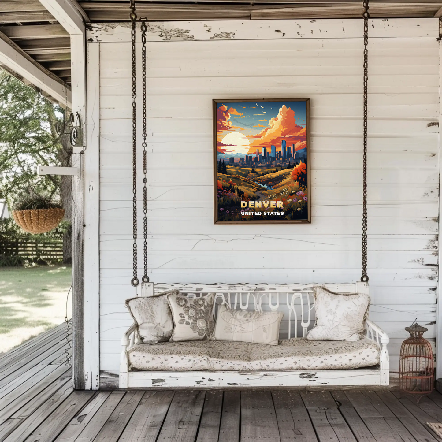 Denver Autumn Meadow Skyline Vintage Travel Poster