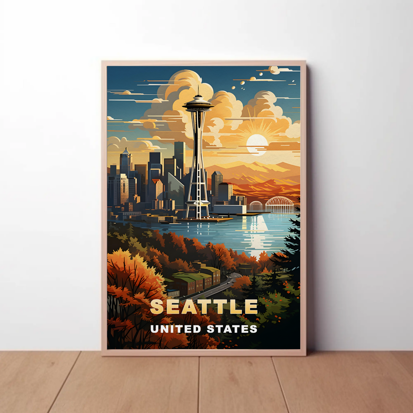 Seattle Space Needle Autumn Sunset Vintage Travel Poster
