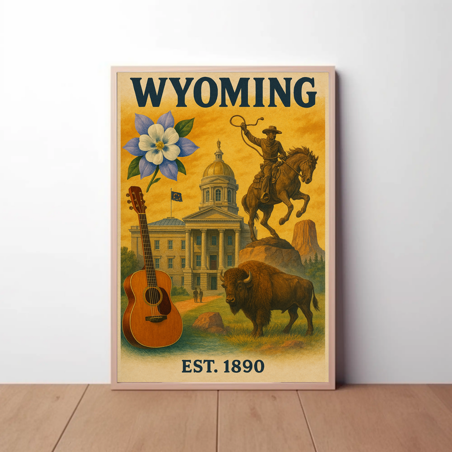 Wyoming Capitol Rodeo Guitar Bison Flower Vintage Travel Poster