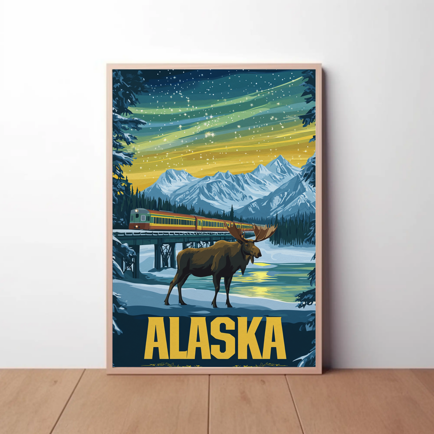 Alaska Vintage Poster - Moose and Northern Lights