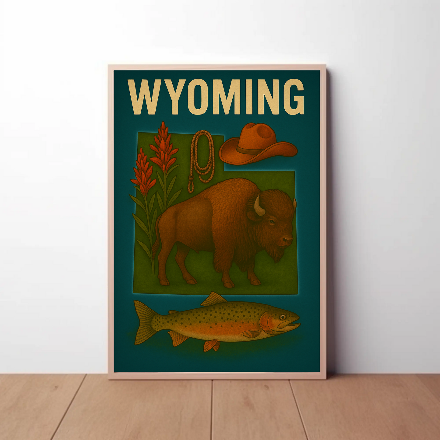 Wyoming Bison Fish Rope Hat Nature Vintage Travel Poster