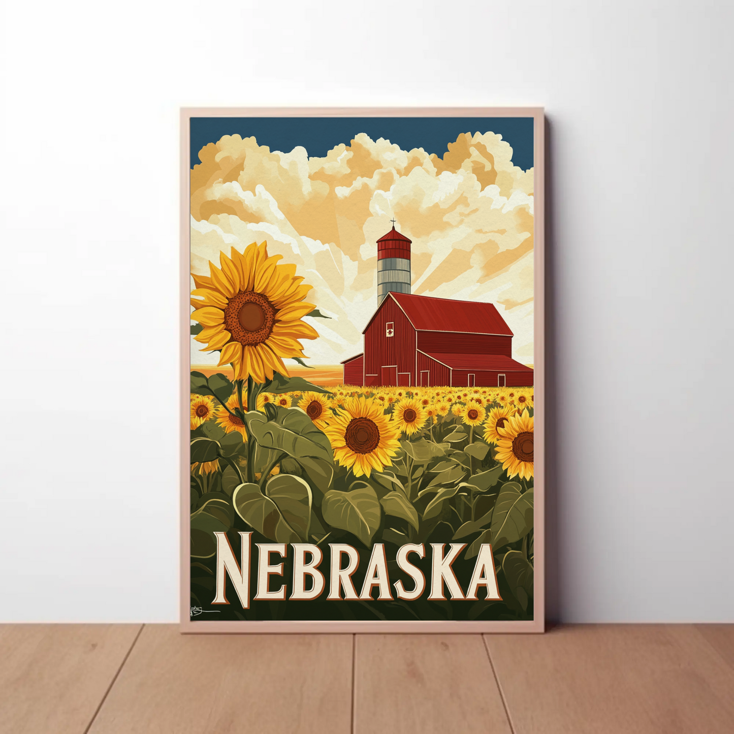 Nebraska Vintage Poster - Sunflower Barn