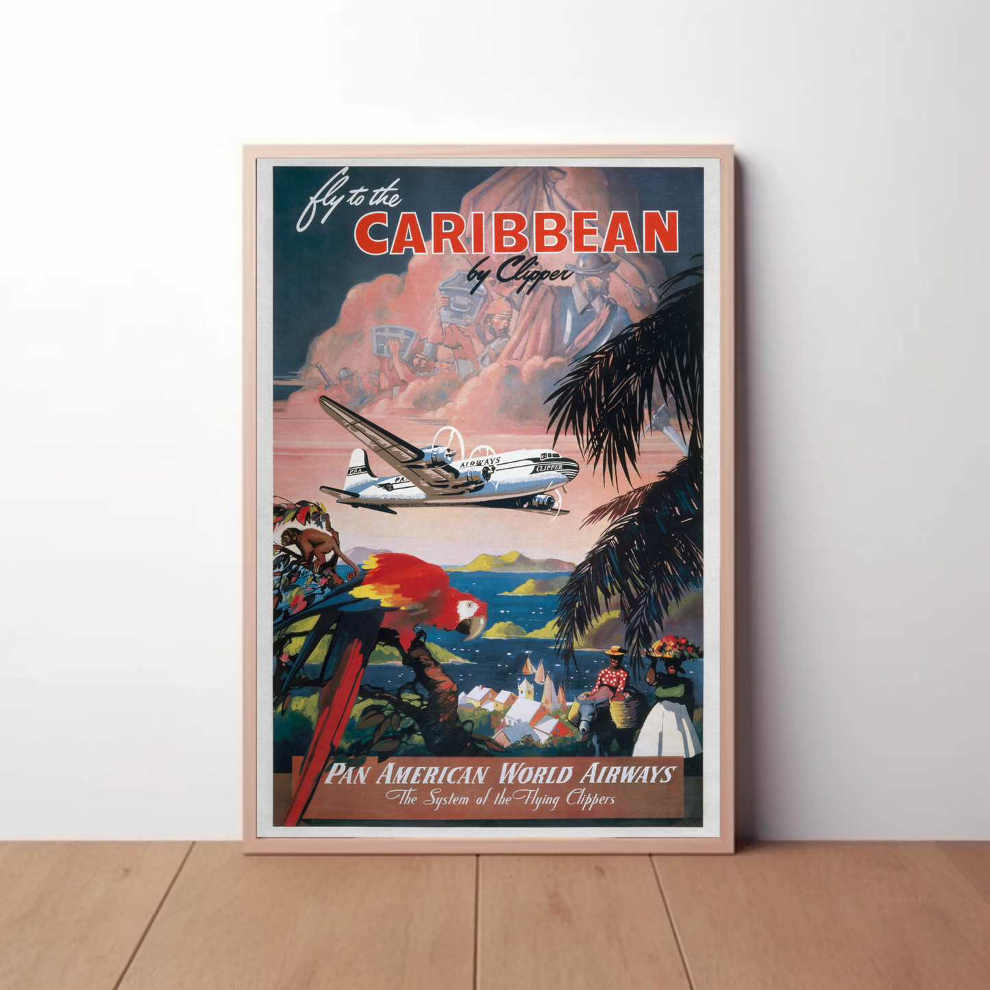 1940s Fly to the Caribbean Vintage Style Tropical Travel Poster