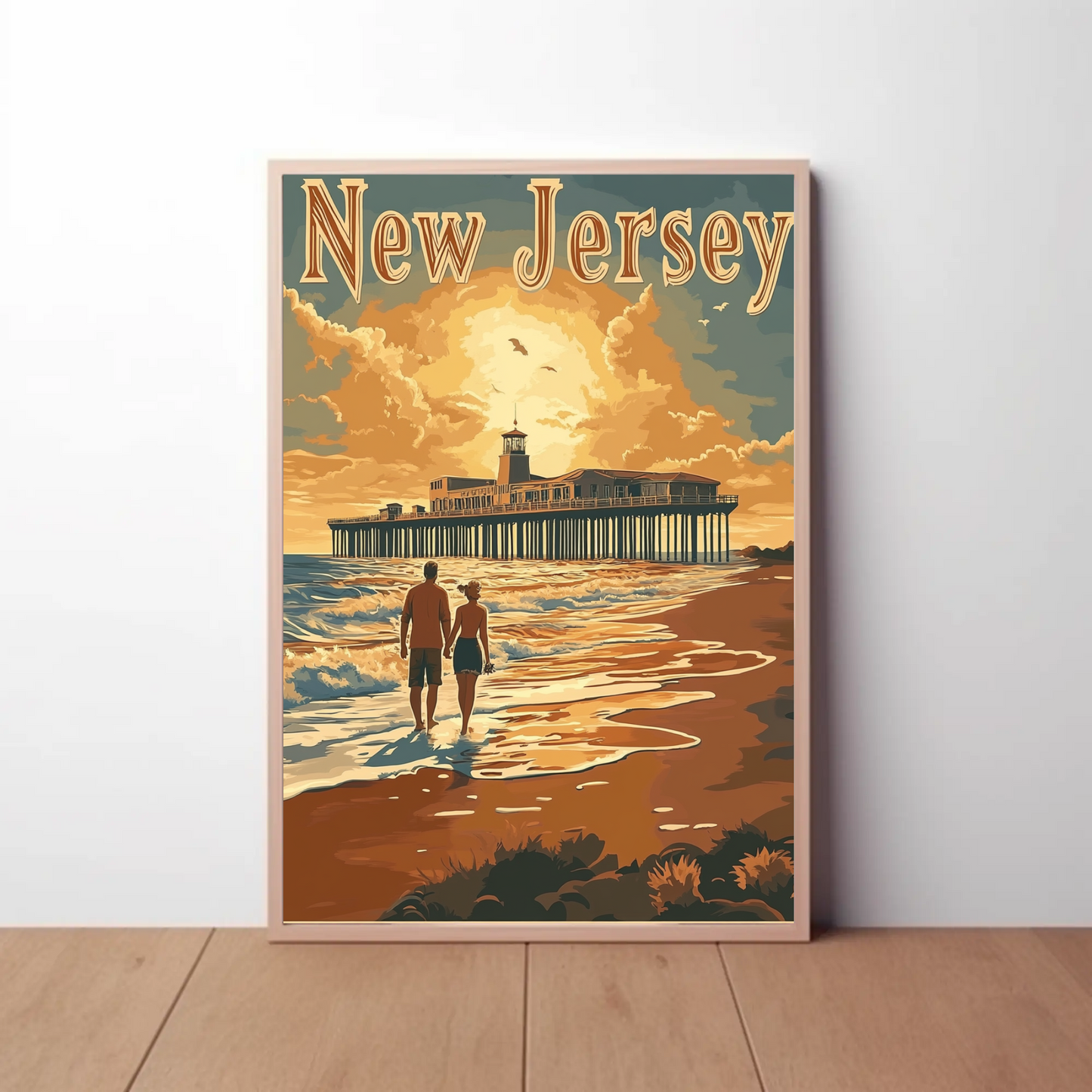 New Jersey Vintage Poster - Sunset at the Pier