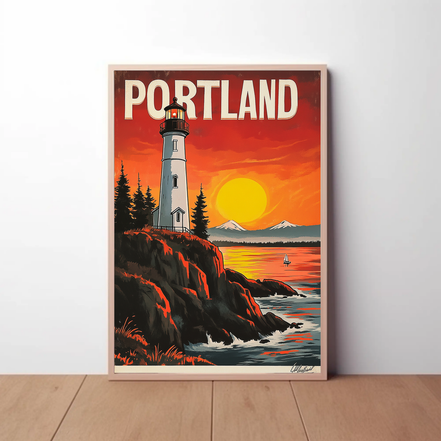 Portland Vintage Poster - Lighthouse at Sunset