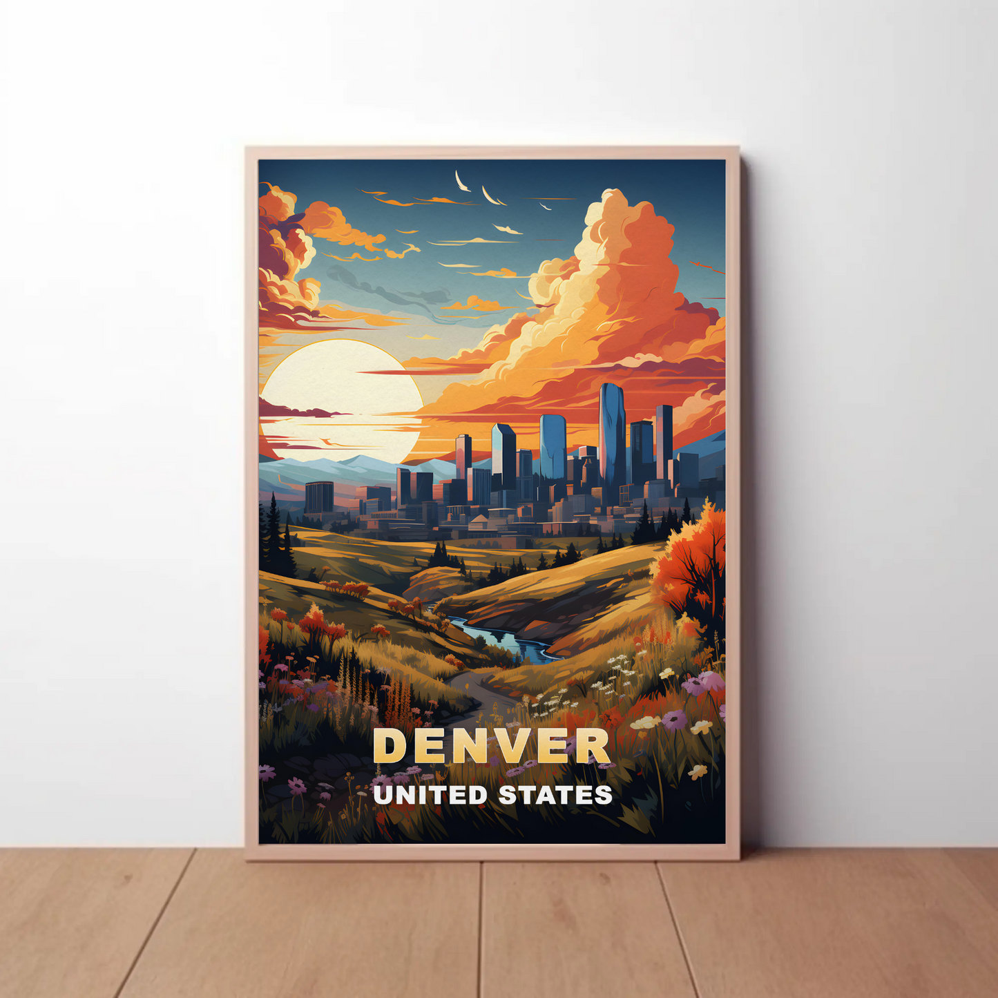 Denver Autumn Meadow Skyline Vintage Travel Poster