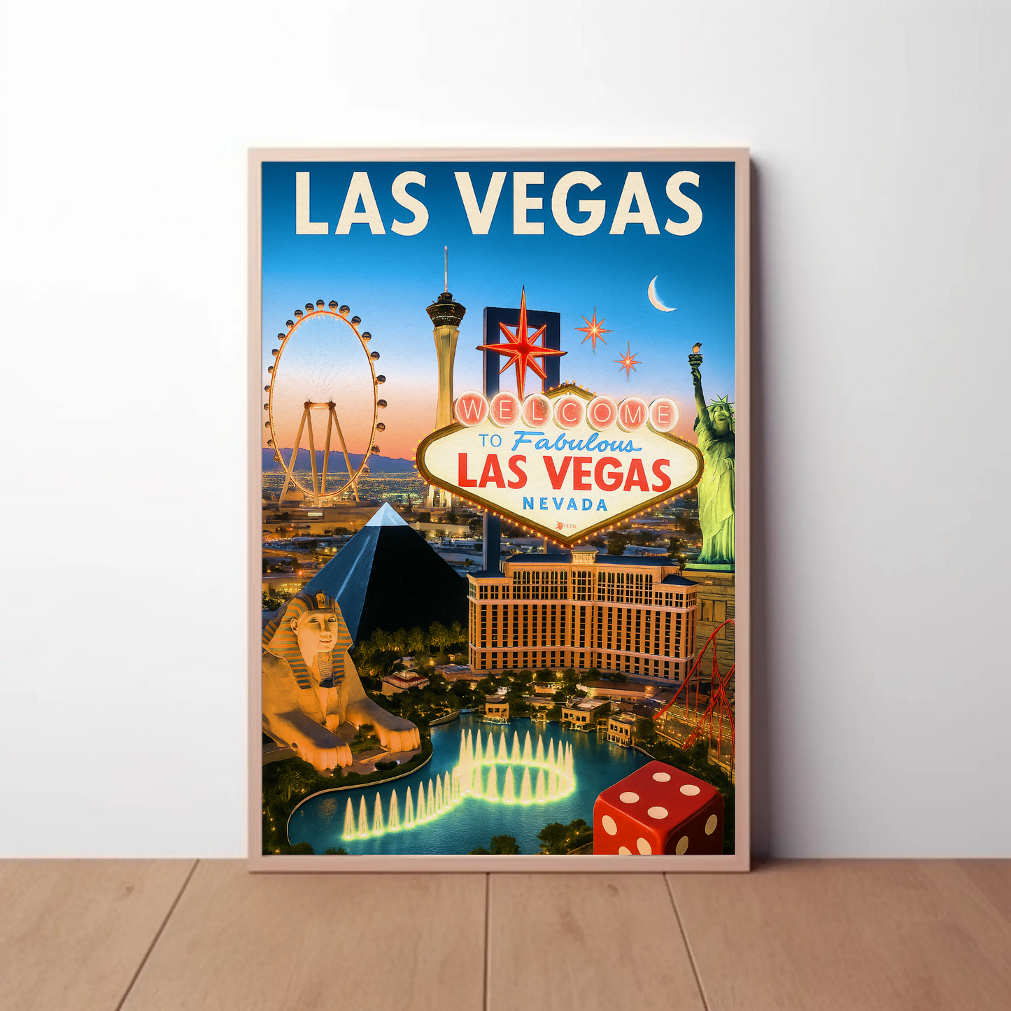 Las Vegas Iconic Landmarks Night Lights Vintage Travel Poster