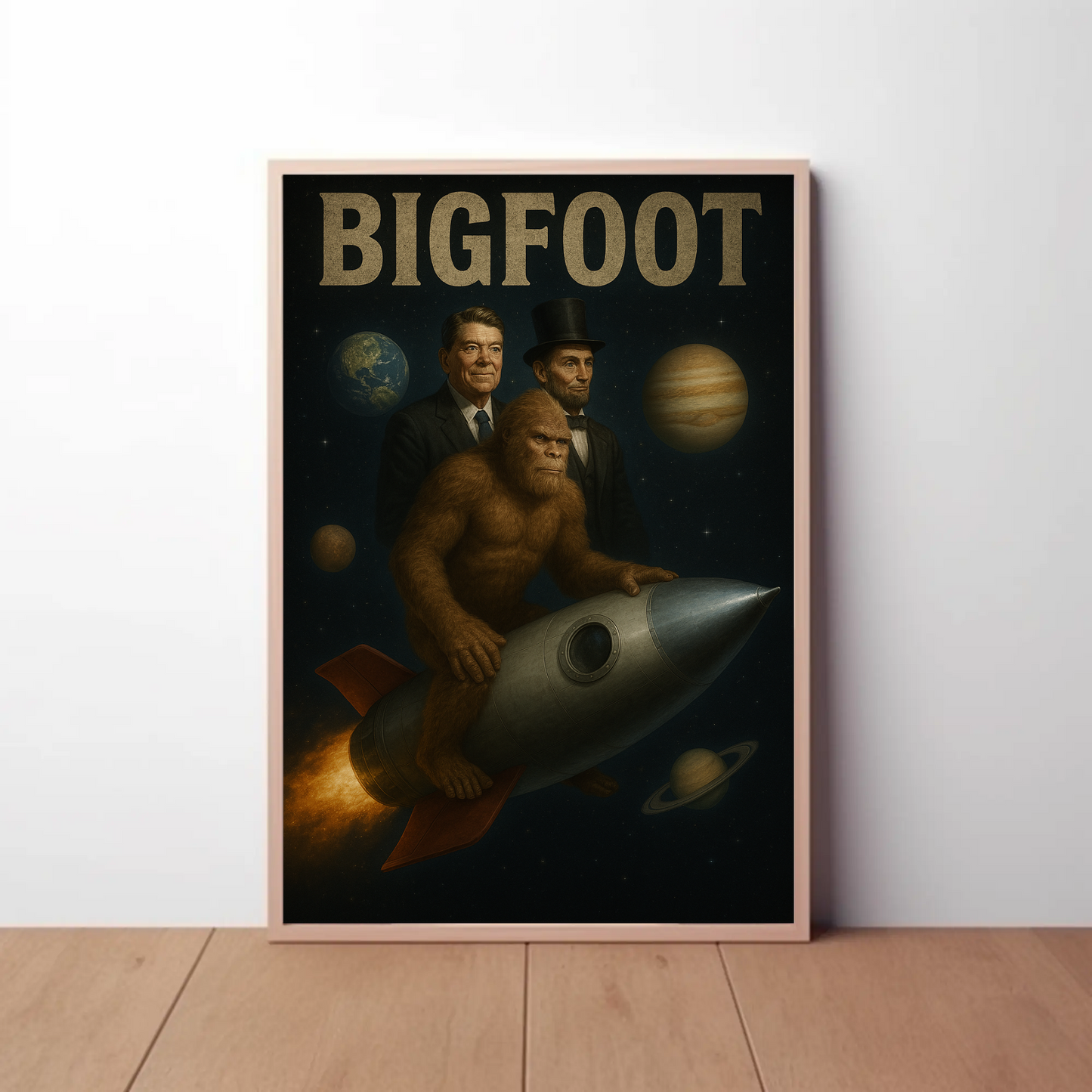 Vintage Poster Bigfoot Reagan Lincoln Rocket Ship