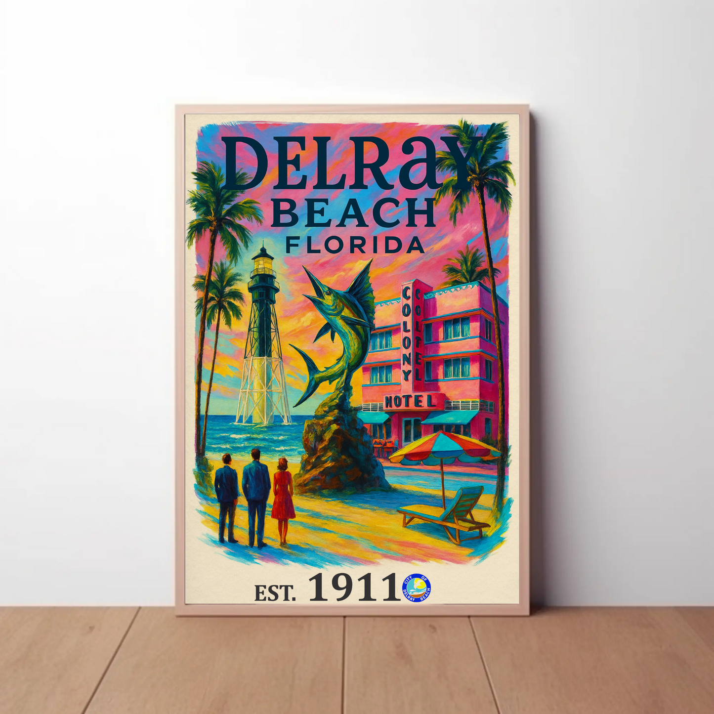 Delray Beach Hotel Lighthouse Fish Palms Vintage Travel Poster Wall Art
