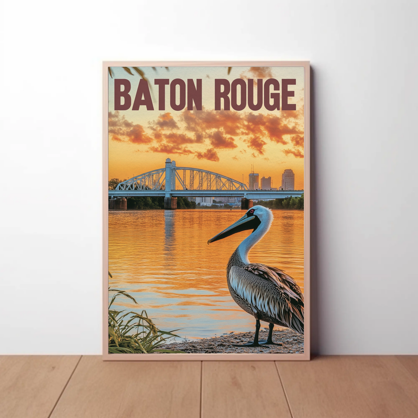 Vintage Travel Poster - Baton Rouge Pelican Sunset
