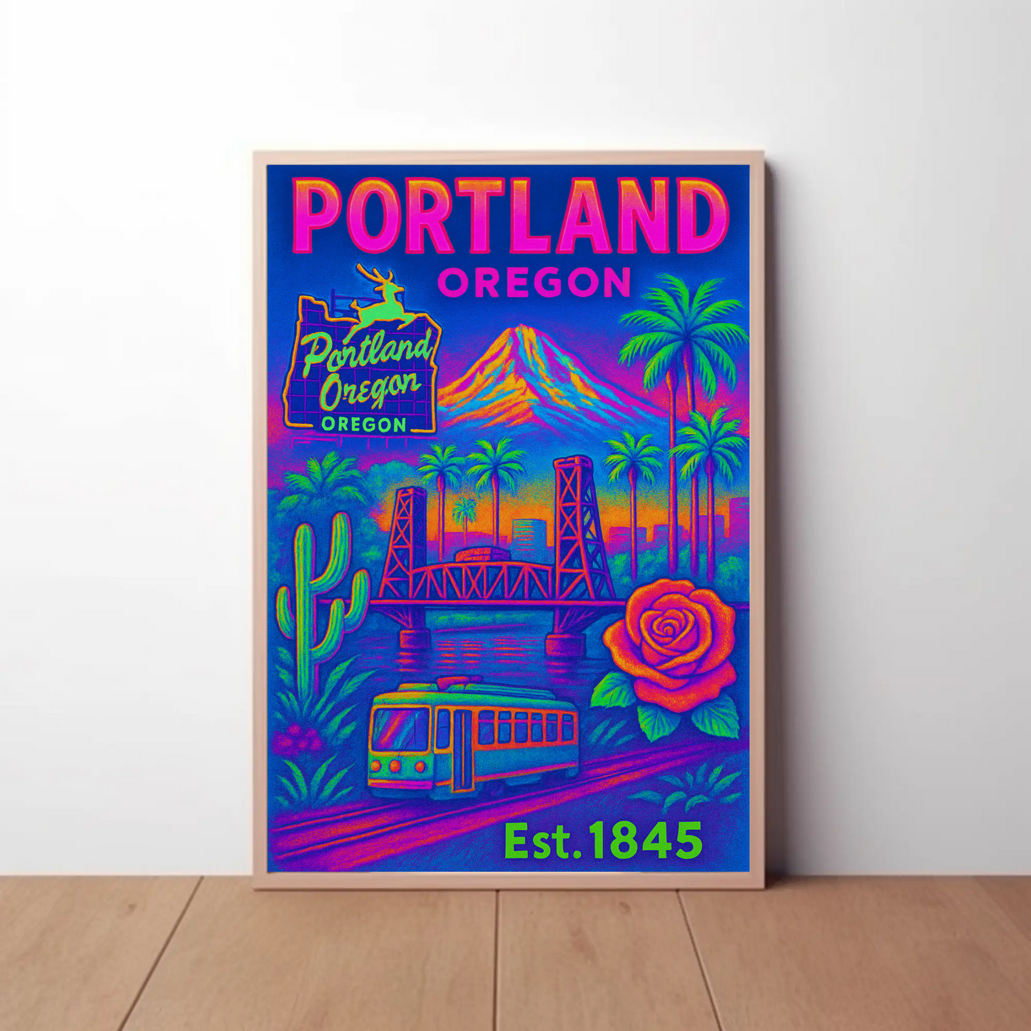 Portland Oregon Rose Bridge Mountain Vintage Travel Poster