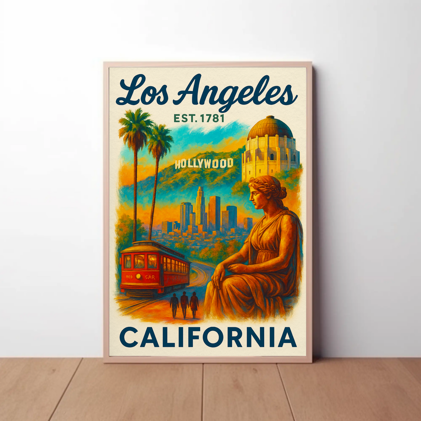 Los Angeles Hollywood Griffith Trolley Sunset Vintage Travel Poster