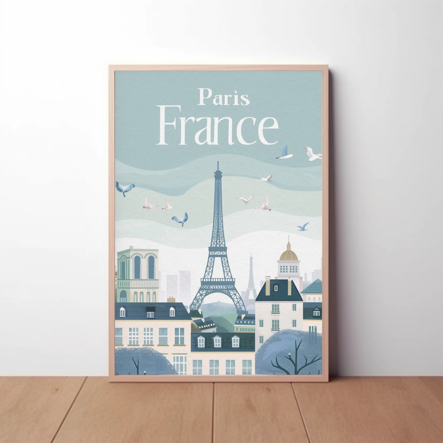 Paris France Vintage Poster - Eiffel Tower & Birds