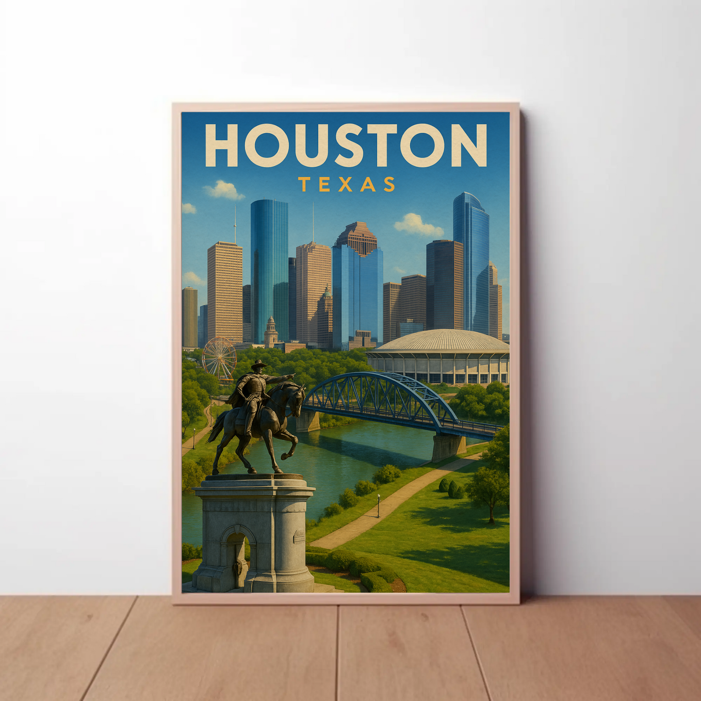 Houston Texas Skyline River Monument Vintage Travel Poster