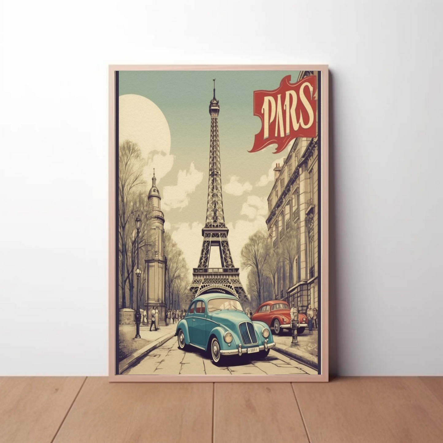 Paris Vintage Poster - Eiffel Tower & Classic Car