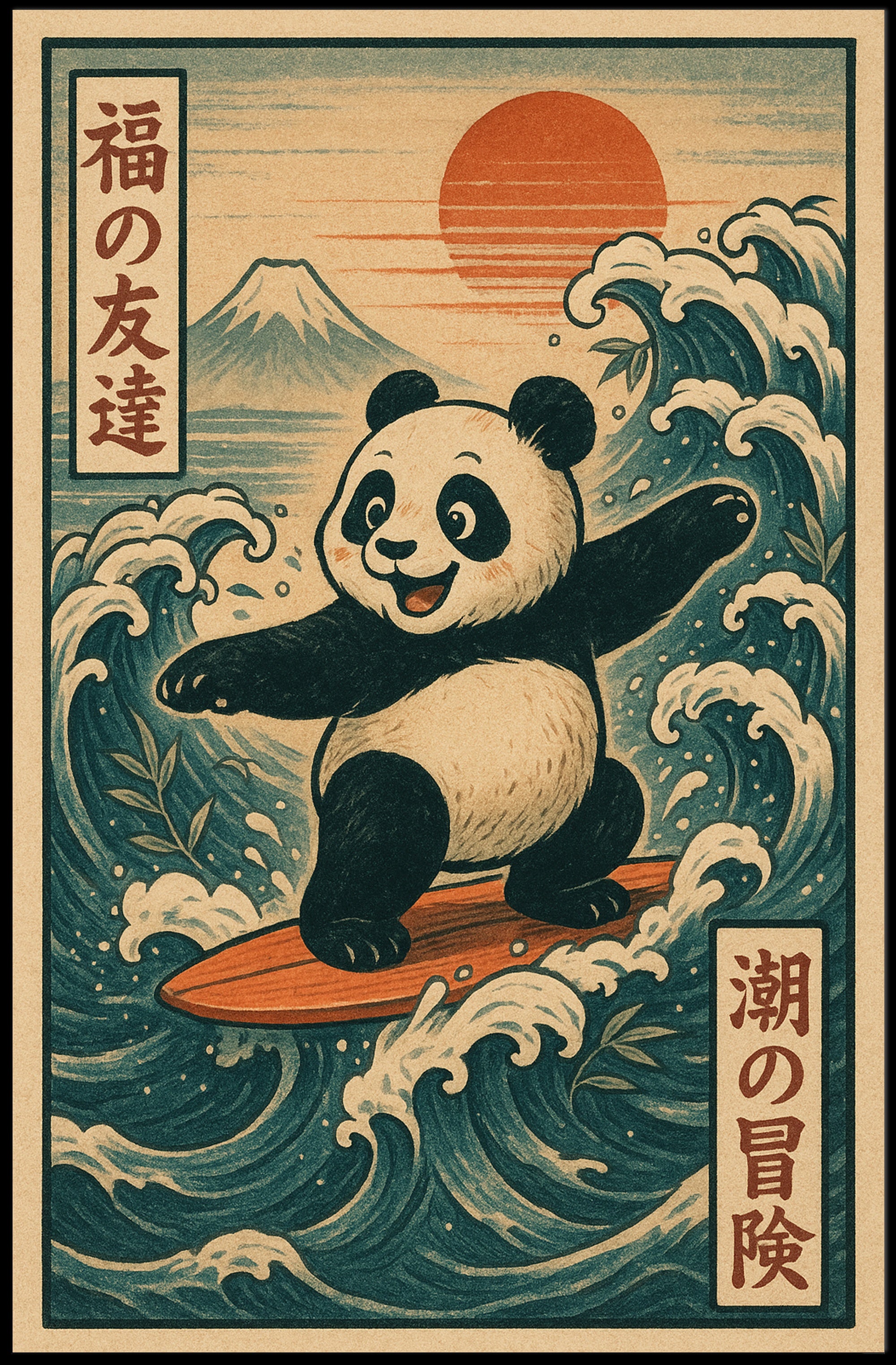 Pandas Surfing Adventure Poster PosterGoat