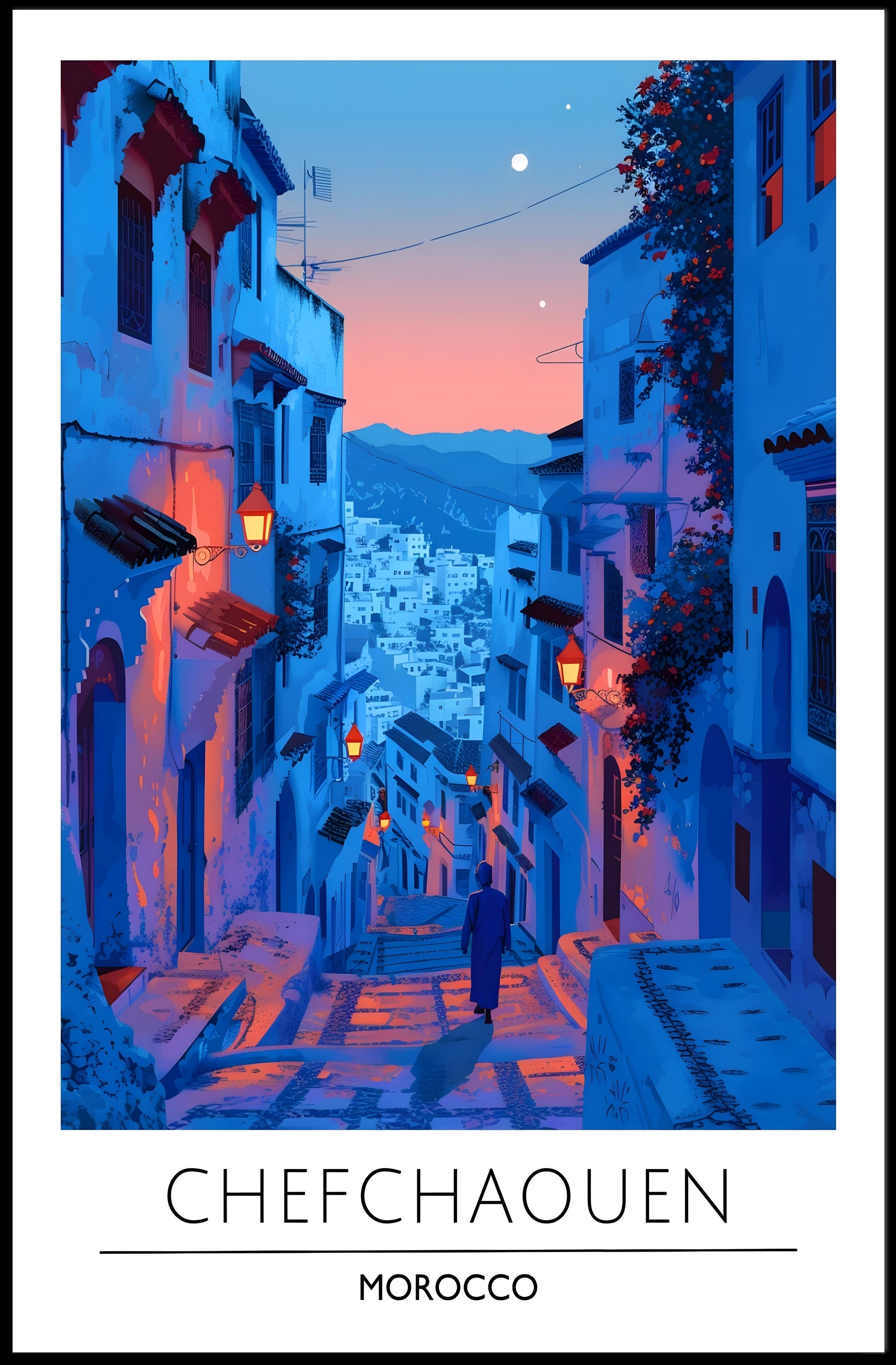 Chefchaouen Twilight: Dreamy Moroccan Urban Cityscape Poster