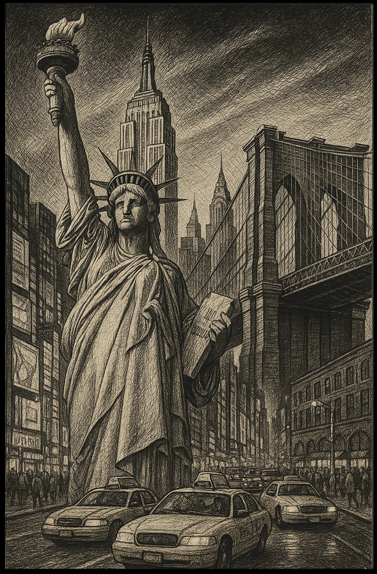 New York City Iconic Landmarks Poster Vintage Wall Art