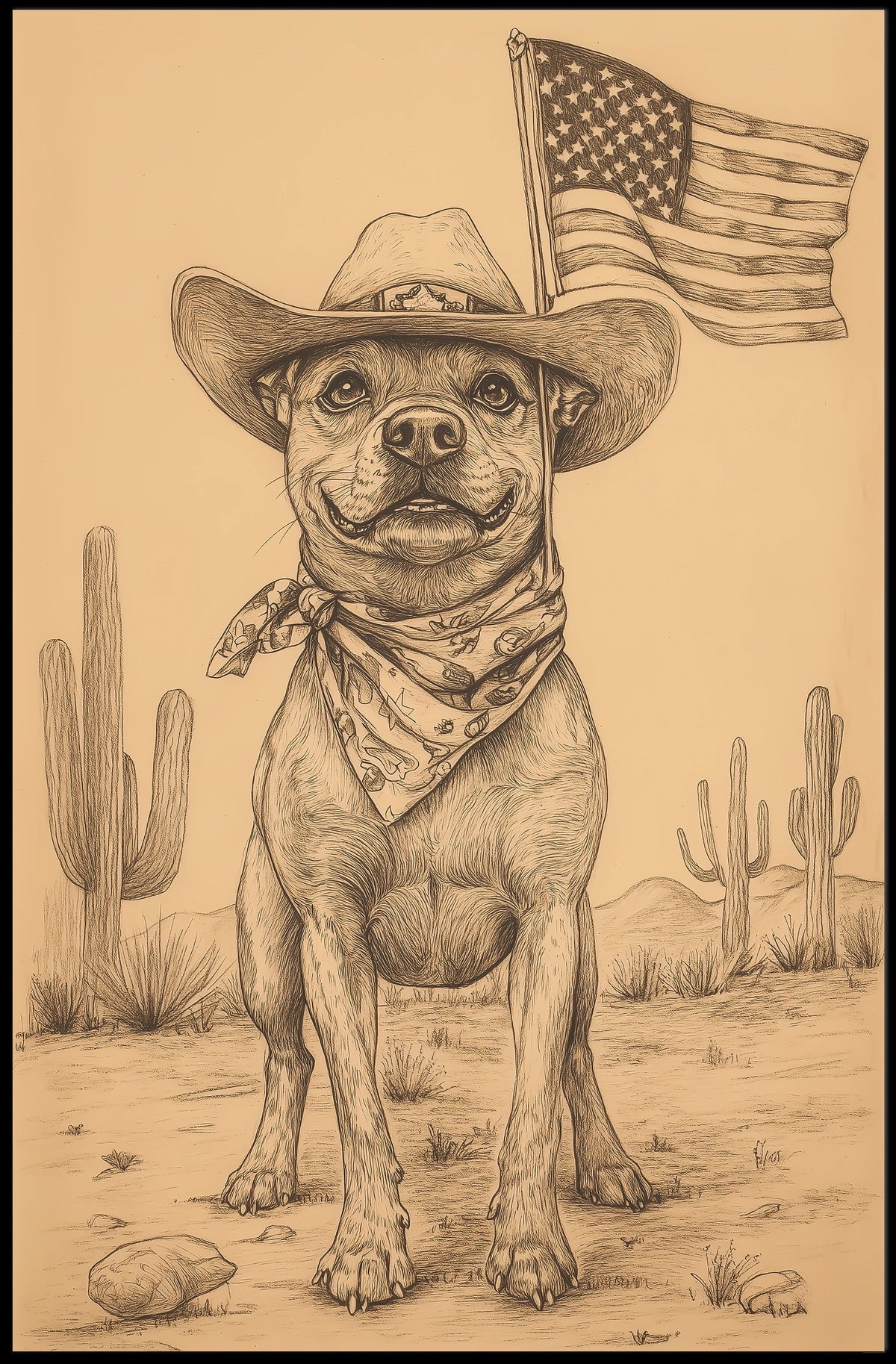 sketch style drawing of a cowboy dog Poster