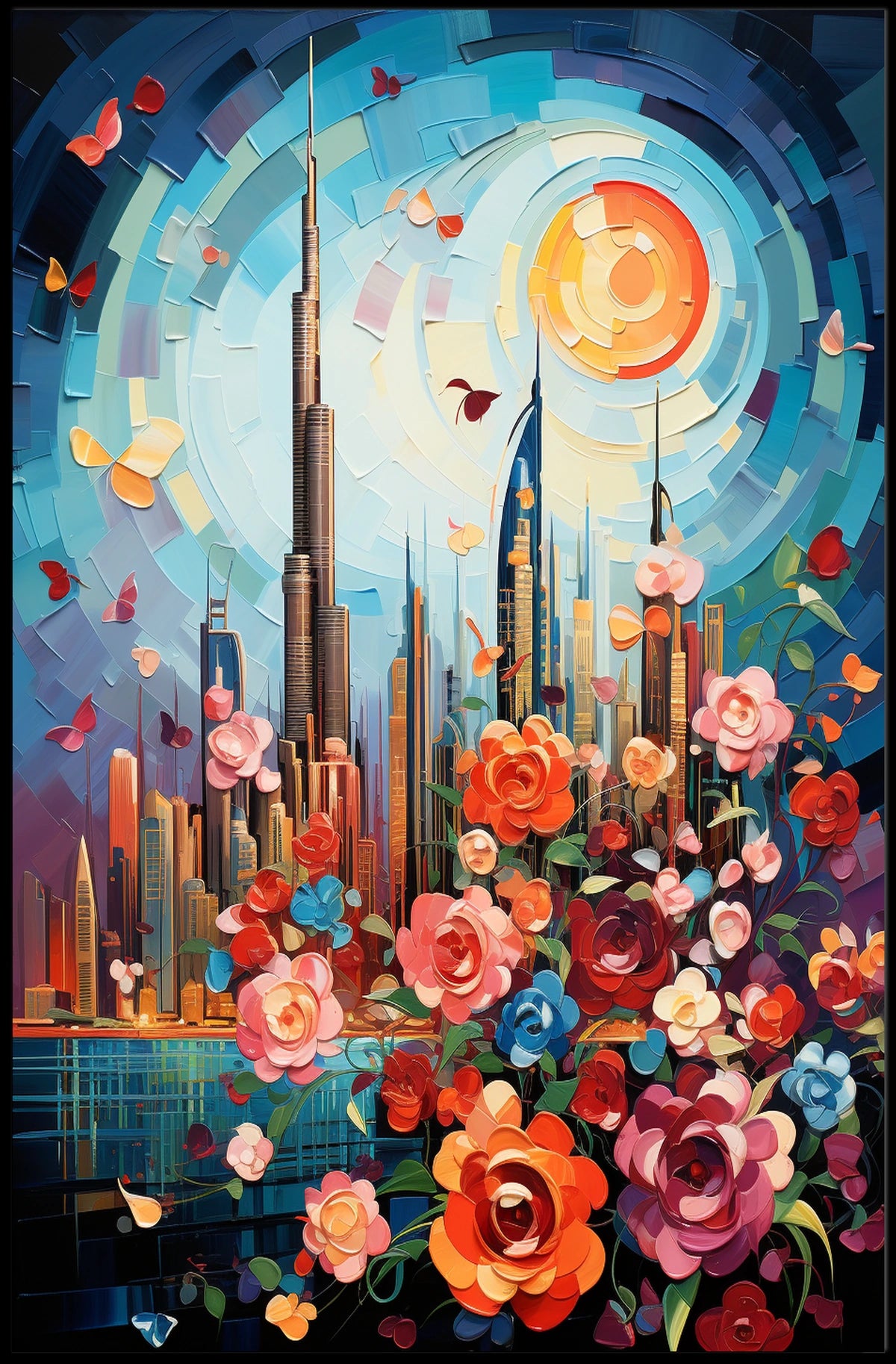 Dubai Skyline with Flowers Celebrates Urban or Cityscape Poster