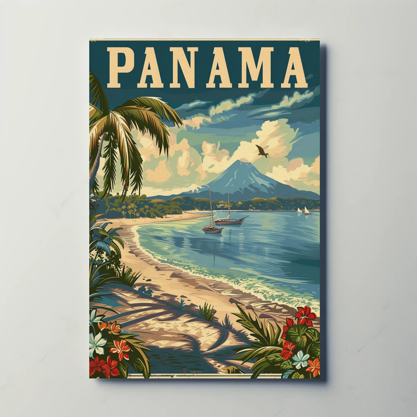 Panama Beach Volcano Sailboats Paradise Travel Poster