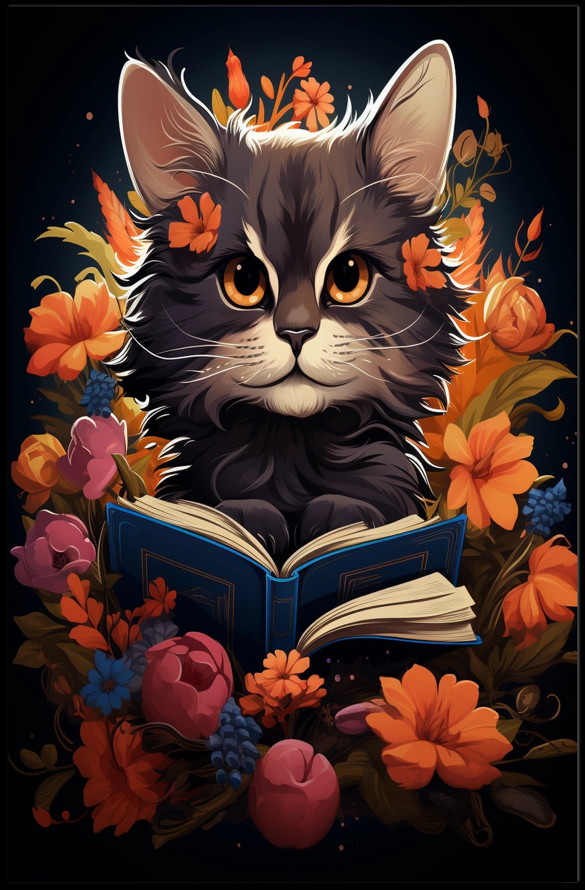Whimsical Cat Portrait with Vibrant Floral Accents