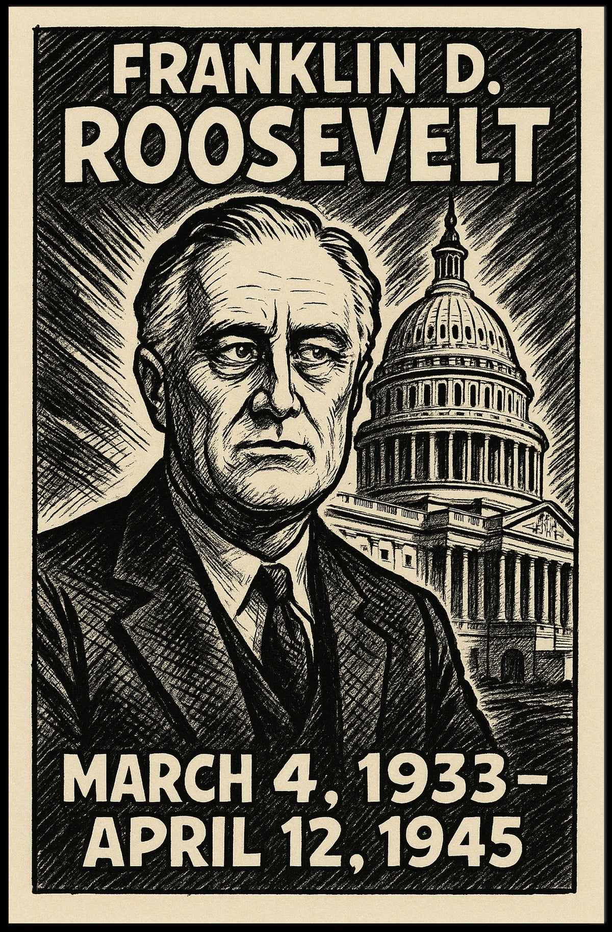 Franklin D. Roosevelt 32nd President of the United States B & W Comic Sketch Poster