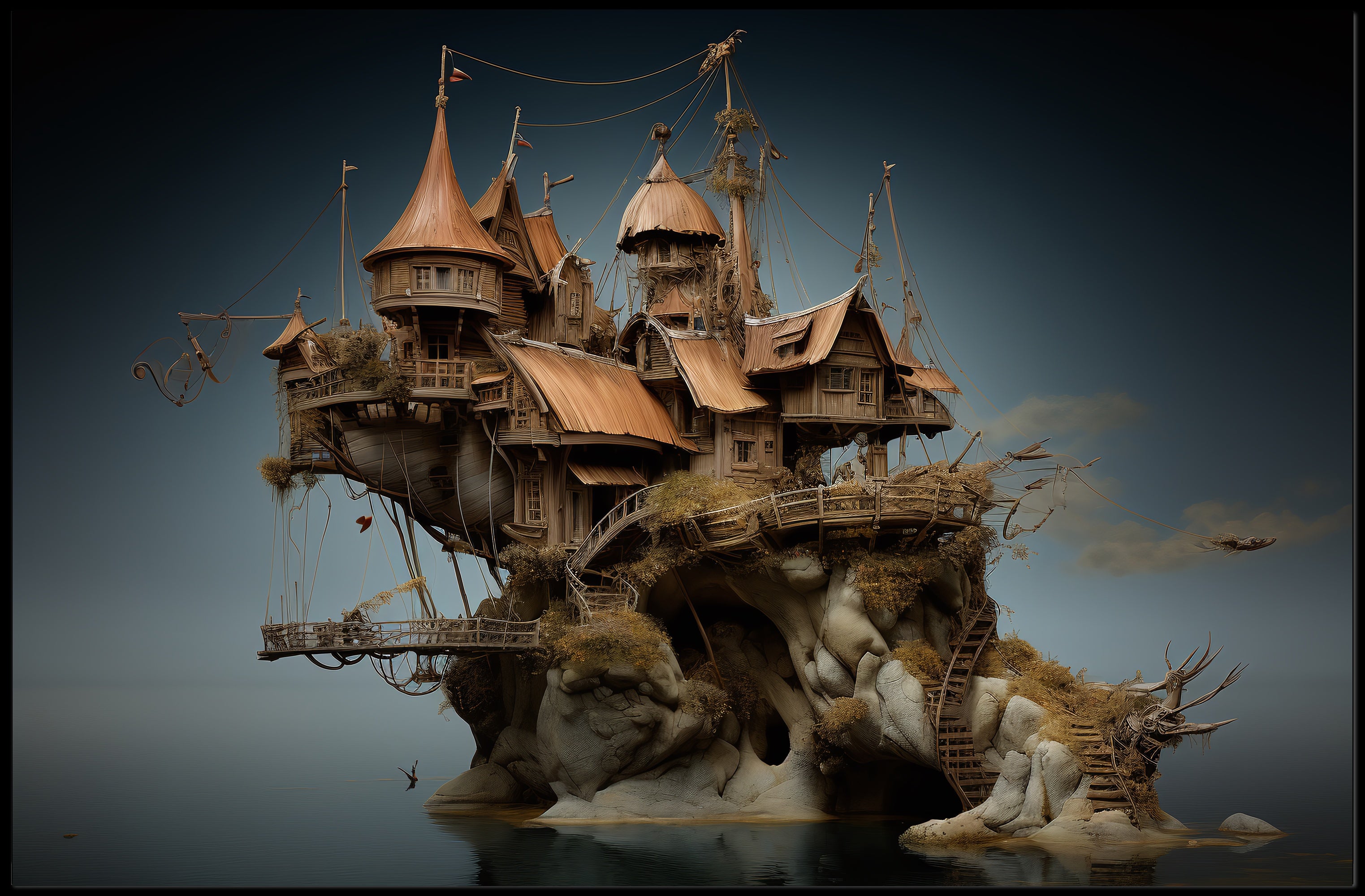 Whimsical Fantasy Treehouse with Steampunk Elements Poster