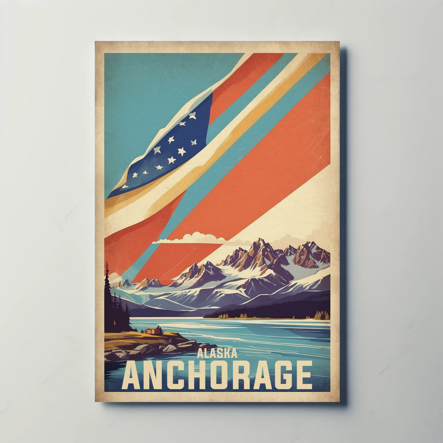 Anchorage Alaska Mountain Lake Vintage Travel Poster