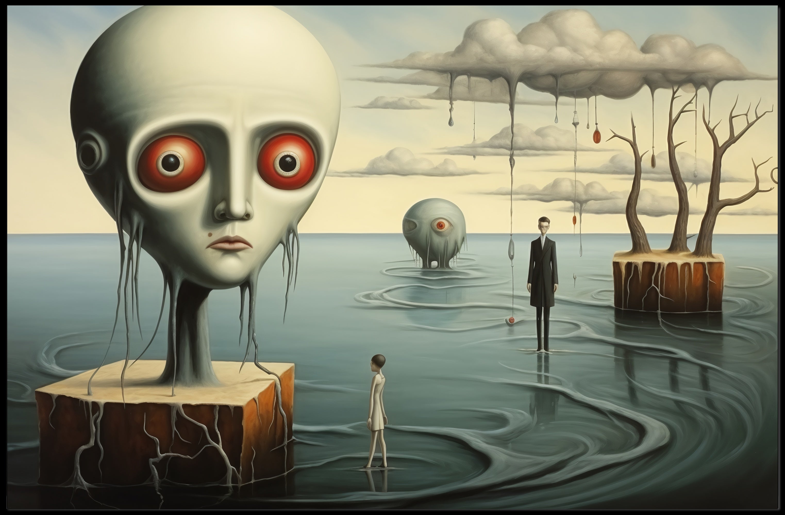 Dreamlike Landscape with Surreal Figures: Futuristic Sci-Fi Poster