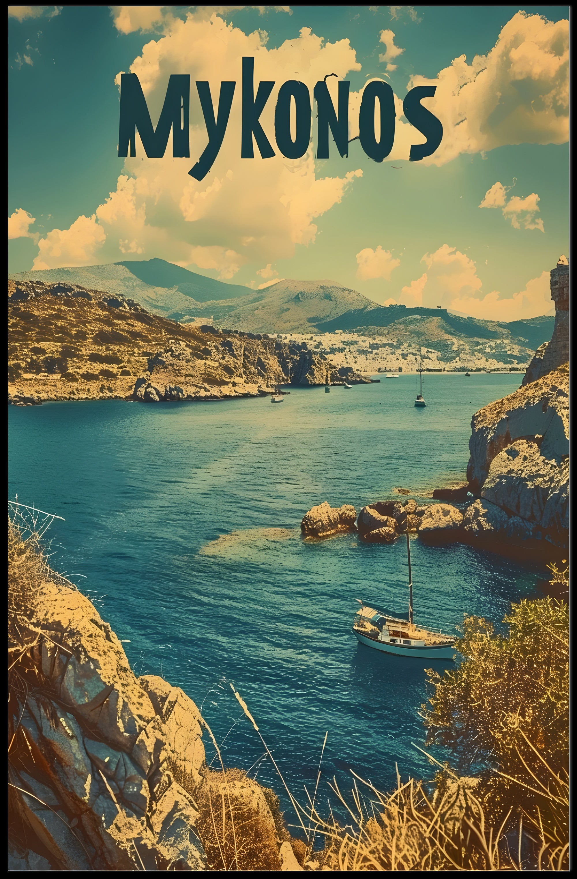 Mykonos Coastal Vista Vintage Travel Poster
