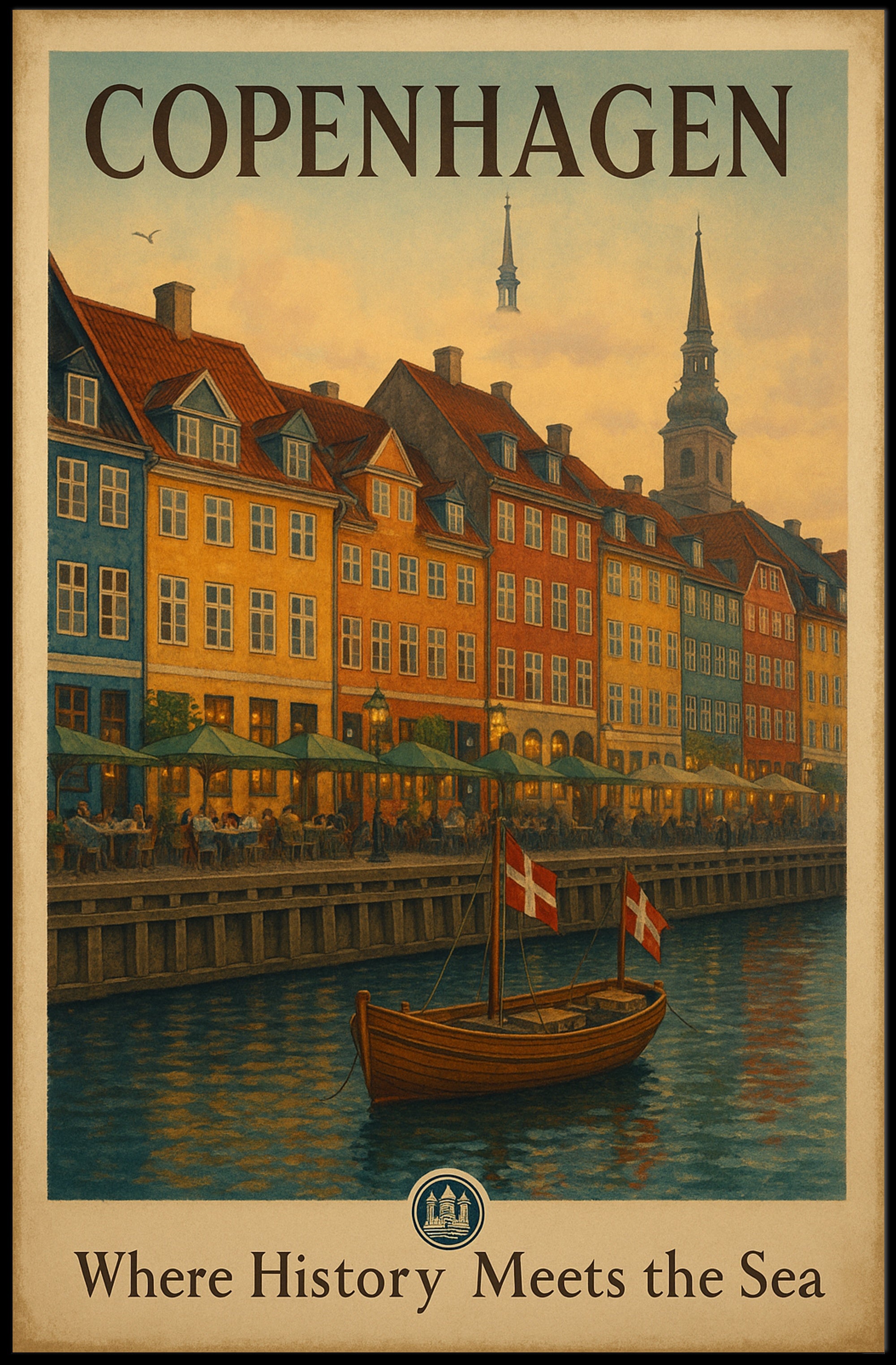 Copenhagen's Vibrant Waterfront Vintage Travel Poster