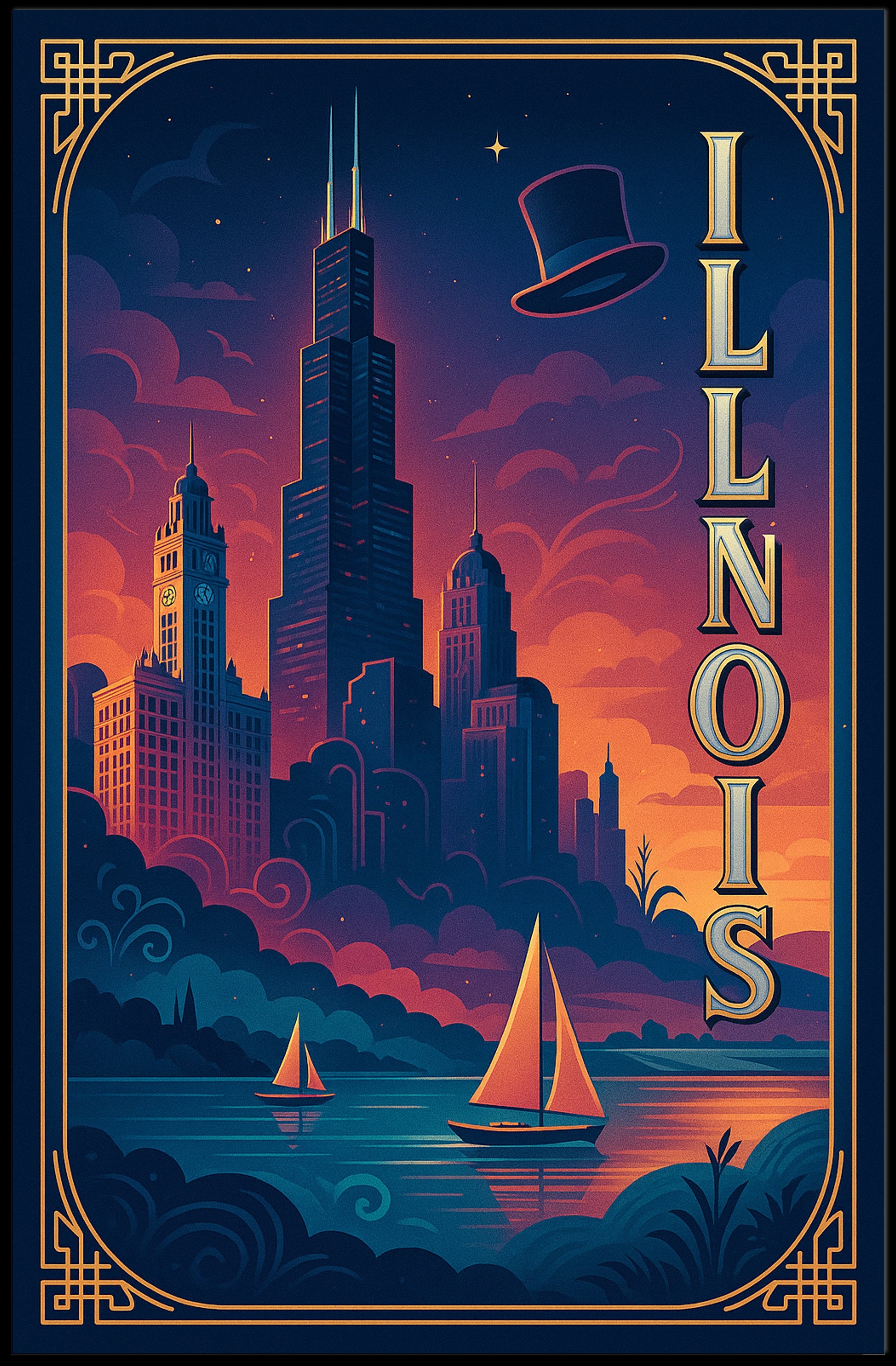 Chicago Cityscape Vintage Art Deco Travel Poster