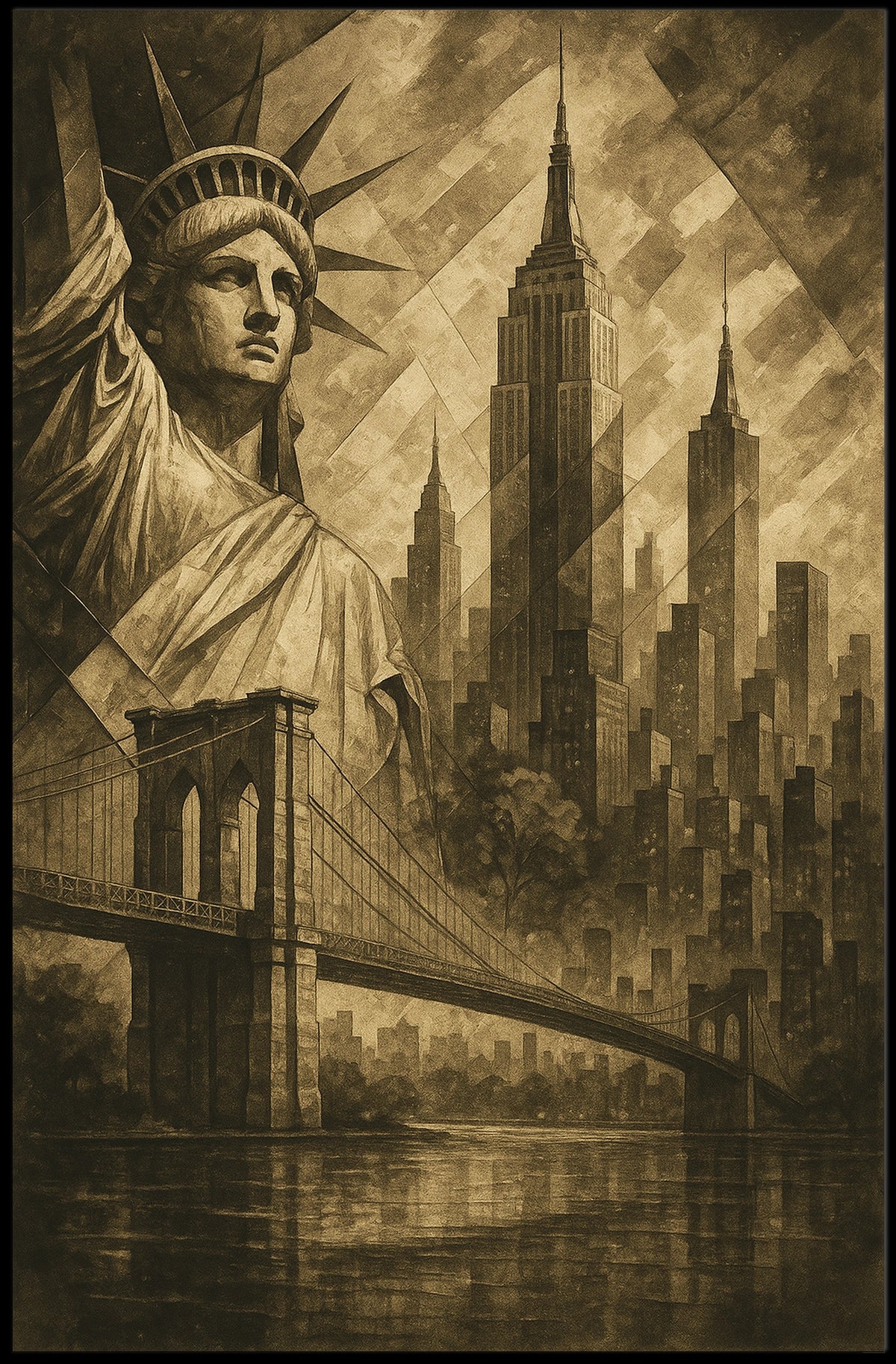 New York City Skyline Landmarks Poster Vintage Wall Art