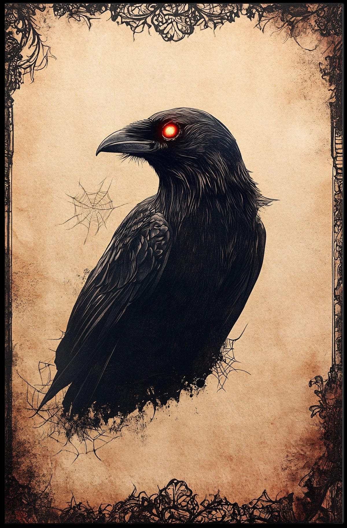 Gothic Raven Illustration with Dark Floral Design Animal Poster