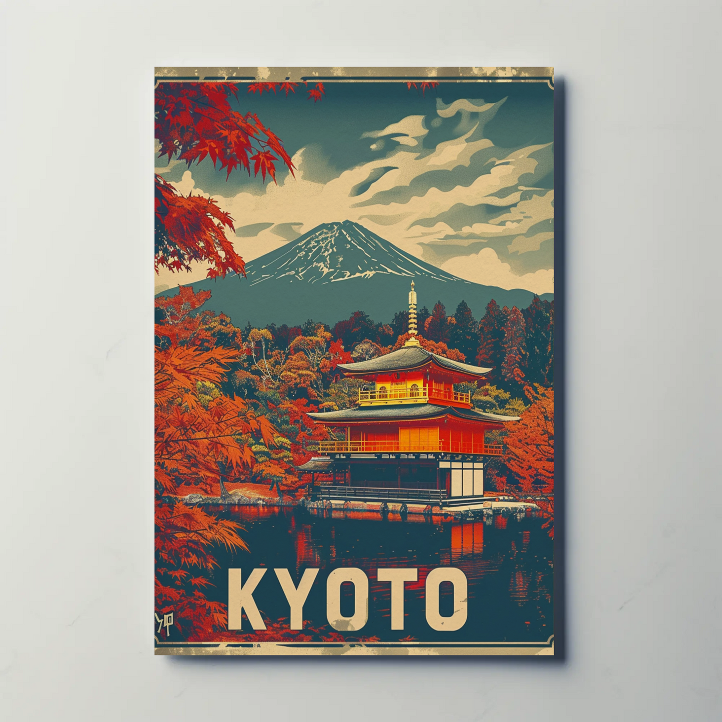 Kyoto Temple Autumn Mount Fuji Travel Poster