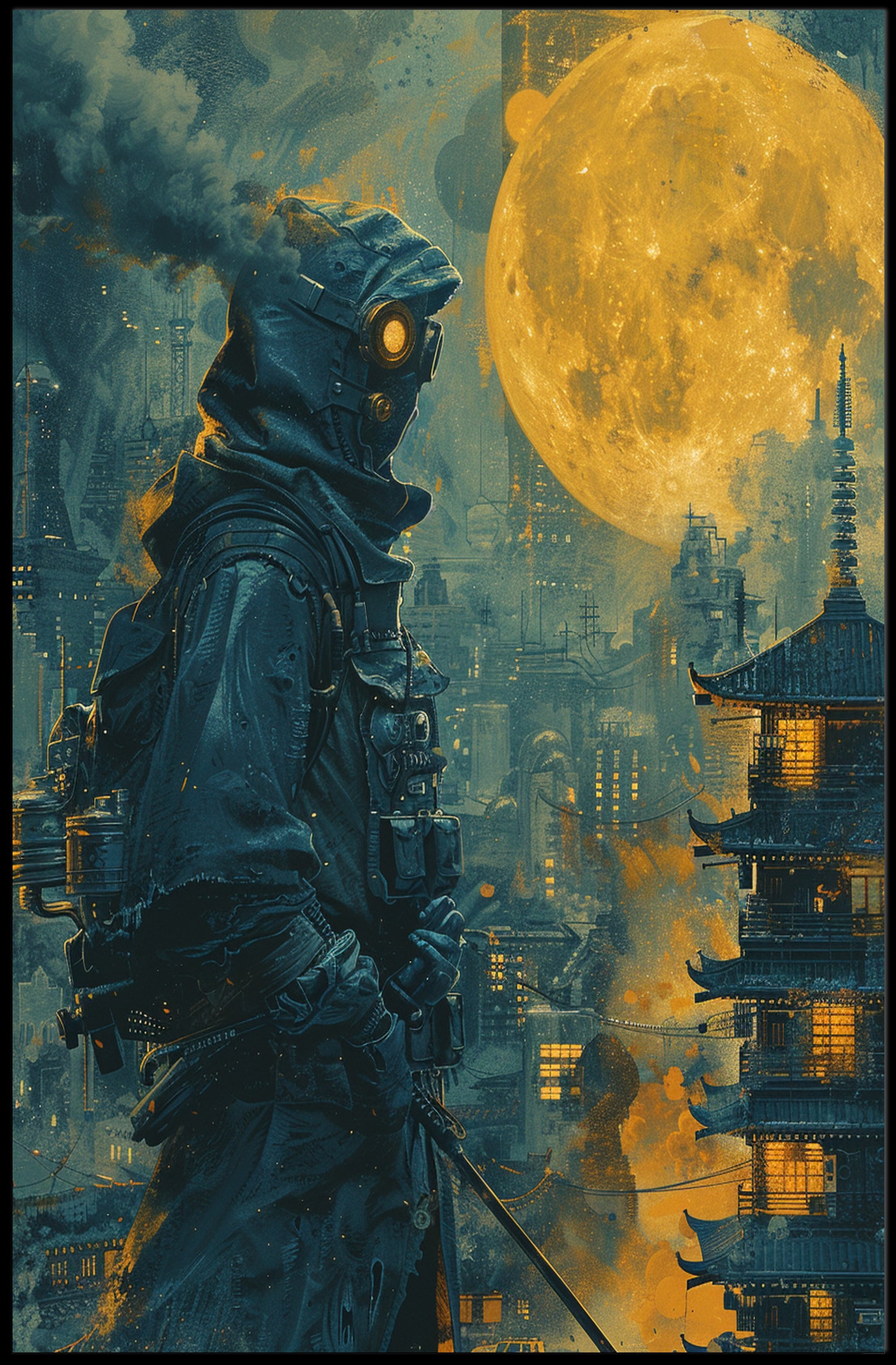 Futuristic Samurai Under A Full Moon Poster PosterGoat