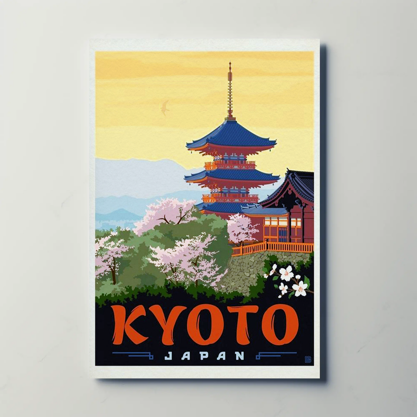 Kyoto Japan Pagoda Cherry Blossoms Temple Scene Vintage Travel Poster
