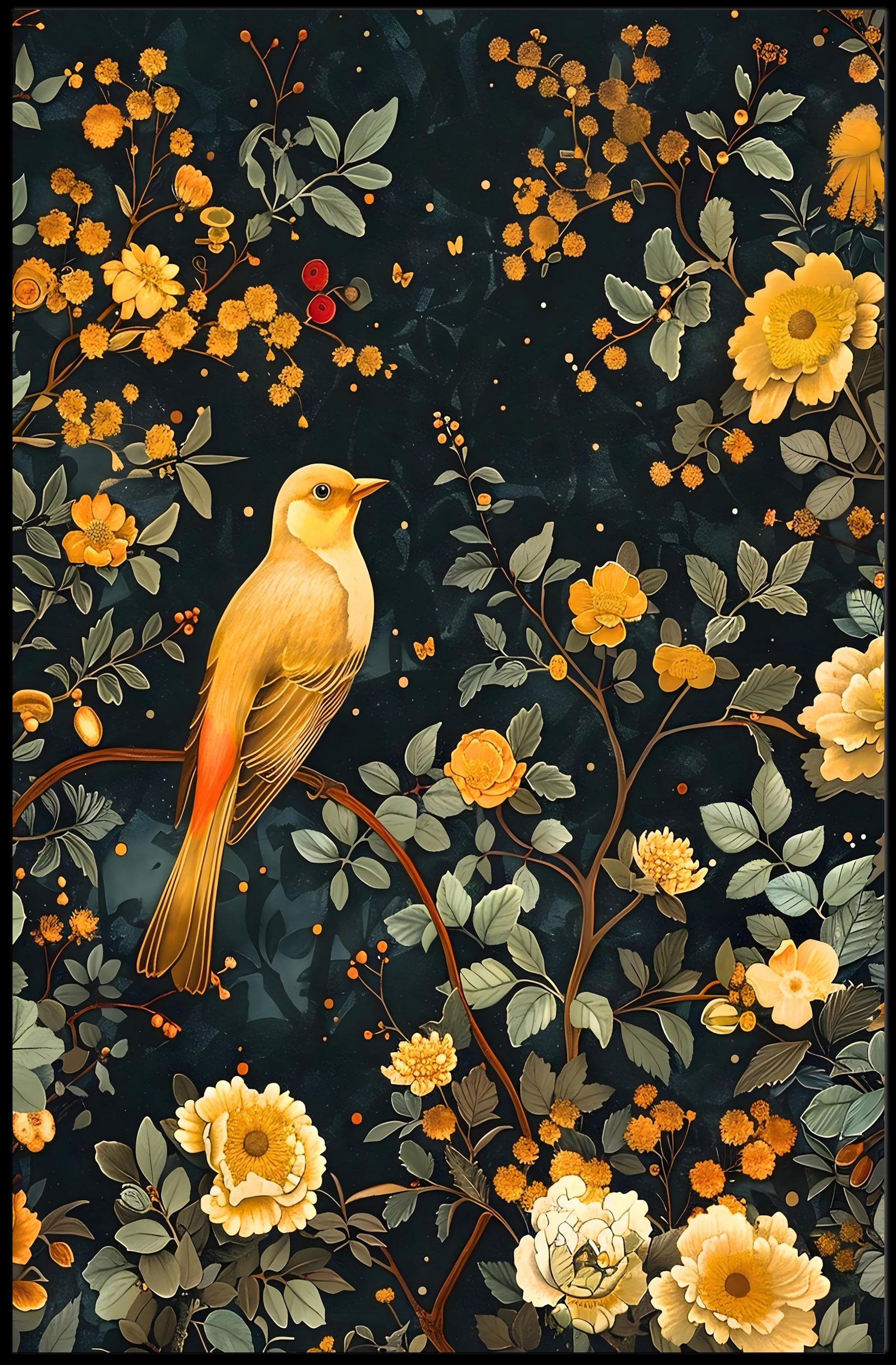 Golden Bird and Blossoms Wall Art Print