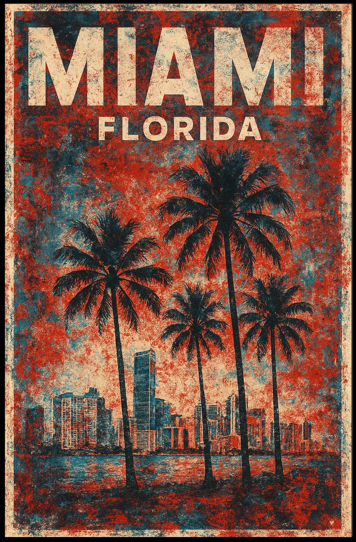 Miami Retro Vibes Vintage Cityscape Travel Art Deco Coastal Nostalgic Urban Sunset Poster